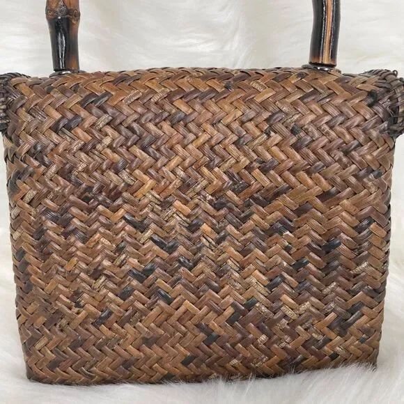 Asiaphile Los Angeles Brown Wicker Bag Bamboo Handle - Picture 11 of 11